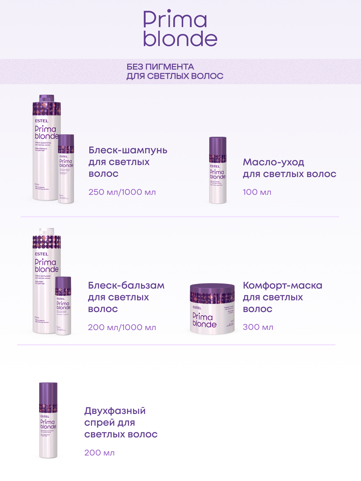 Комплект Estel Prima Blond для светлых волос: Шампунь 250 мл + Бальзам 200 мл. + двухфазный спрей 200 мл.